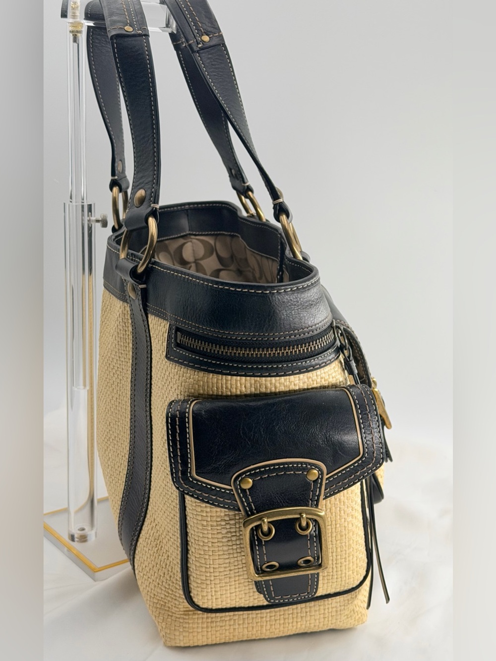Vintage Coach Legacy Straw & Navy Blue Leather Buckle Tote - Picture 5 of 7
